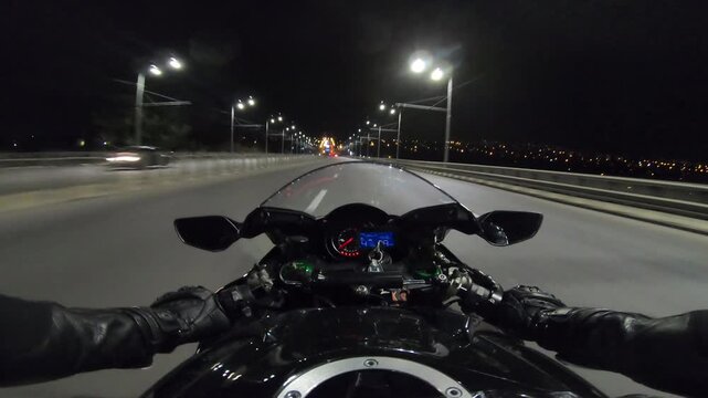 Biker riding a powerful motorcycle through a vibrant city at night, showcasing the thrill of speed and urban exploration with illuminated streets and dynamic motion