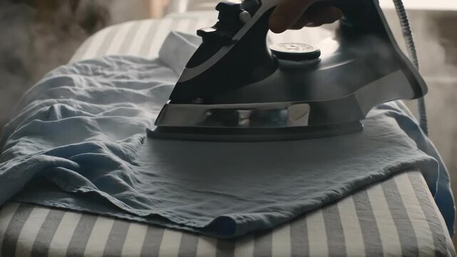 A hand glides an iron over a wrinkled blue shirt, releasing steam as it smooths the fabric. Sunlight streams through the window, casting a warm glow on the scene.