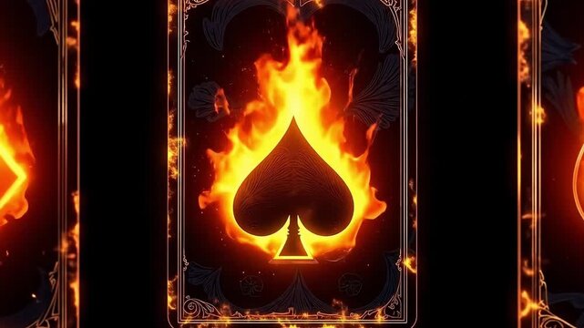 Three playing cards with flames on them on a black background