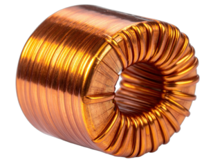 Close-up of a tightly wound toroidal inductor, showing copper wire and coil shape