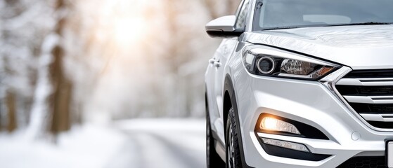 Modern white car parked on a snowy road surrounded by trees during a bright winter day