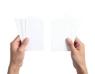 Hands holding stacks of blank white cards