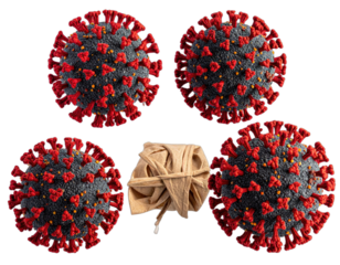 A composite illustration featuring several rendered visualizations of the coronavirus alongside a twisted paper object