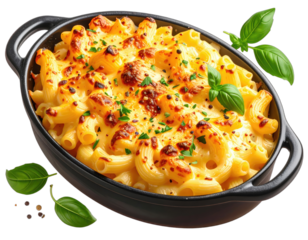 Baked macaroni and cheese in a black dish garnished with basil, peppers, & parsley