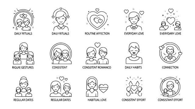 Collection of love icons displaying affection or set of dating line icons presenting relationships or Romance icons showing couple closeness during valentine