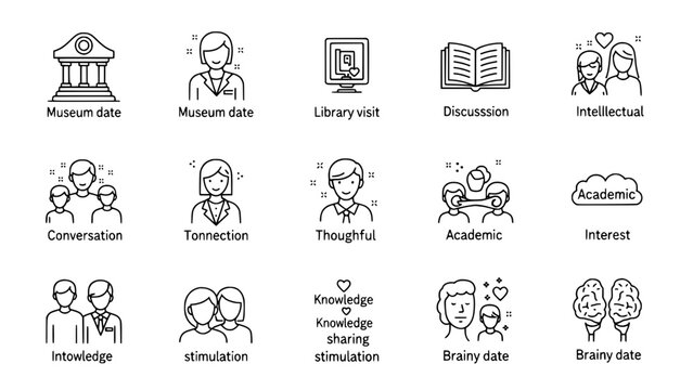 Collection of intellectual dating icons showing education activities or studying concepts with connections or bonding