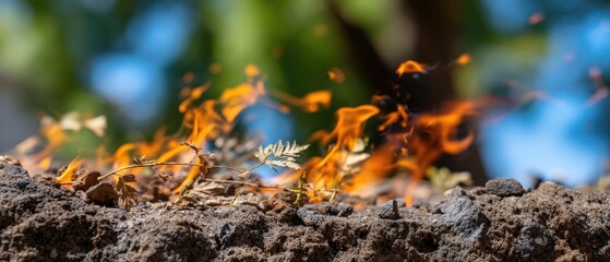 Bright flames dance on dry leaves in a vibrant outdoor setting, capturing the essence of nature's cycle in a warm sunlight