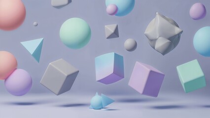 Vibrant 3D geometric shapes floating in pastel colors