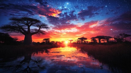Obraz premium The sunset over the savannah with baobab trees and a pond reflecting the colours of the sky emphasises the harmony of nature 