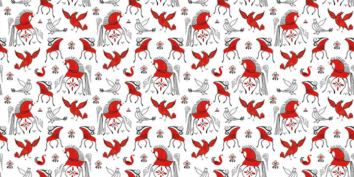 Traditional Slavic folk pattern with red and black animals. Stylized primitive horses and birds. Russian Mezen ornament. White old ethnic print for textiles and paper.