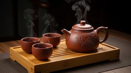 Steaming hot tea in a traditional Chinese clay teapot and cups. Asian tea ceremony set on a wooden tray against a dark background