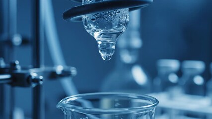 In a bustling laboratory, drops of liquid fall gently from a precision apparatus into waiting beakers. Each drop symbolizes the fusion of art and science at work. - Powered by Adobe