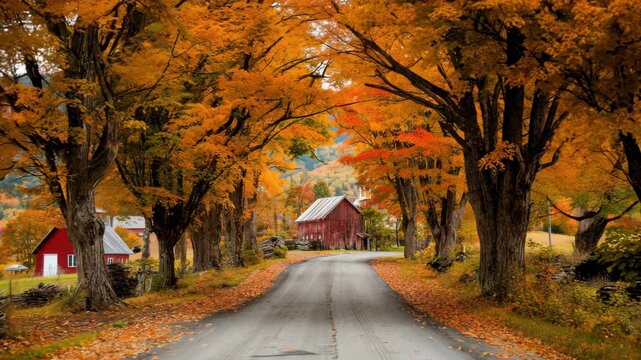 Ultra HD Scenic country road lined with trees in peak autumn foliage leading to a classic red barn in vermont video