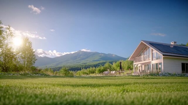 Eco-Friendly Home in Natural Oasis: A serene view of a modern house seamlessly integrated into a lush green landscape, with a backdrop of majestic mountains and clear blue skies.