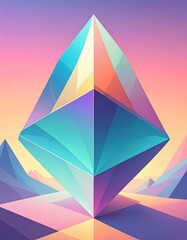 Geometric crystal atop pastel landscape