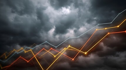 Abstract financial graph lines trending through dark stormy clouds representing economic volatility and market fluctuations