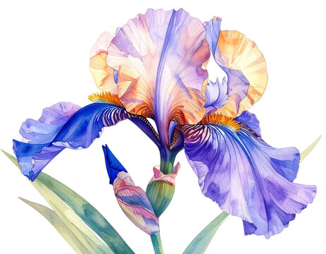 watercolor flowers, iris on a white background, beautiful plants, floral design, bota