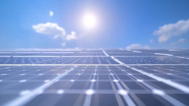 Solar Energy Array under Blue Sky: The image depicts a vast solar panel array bathed in the radiant glow of the sun, set against a backdrop of a clear, bright blue sky dotted with fluffy clouds.