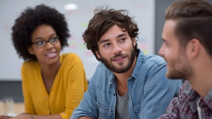 A diverse group of colleagues engaged in a collaborative discussion in a modern office setting
