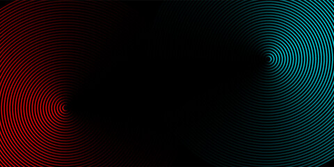 Abstract futuristic technology lines background with red and blue light effect. Gradient circle line pattern design. Glowing lines vector. Modern dark banner template graphic elements.