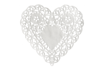 Lacy paper table mat in the shape of a heart isolated on white or transparent background, valentine's day love doily png cut out