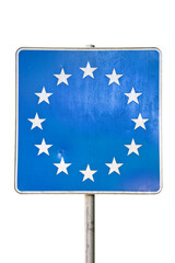 Close up photo of a EU (European Union) border blue square post sign isolated on white or transparent background, png cut out