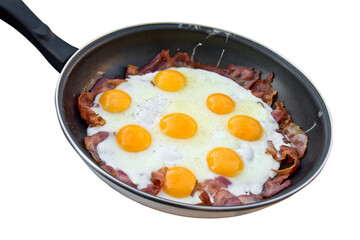 Eight frying eggs with bacon in a cooking pan, fried eggs, animal proteins, keto or carnivore diet and nutrition isolated on white or transparent background, png cut out