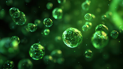 Green particle bubble abstract, glowing sphere background, biology concept, eco technology mood, floating energy field, micro cell art