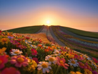 Fototapeta premium Sunrise Over a Field of Flowers