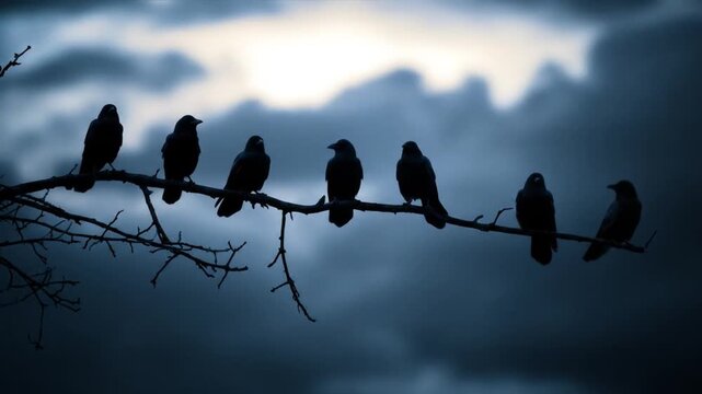 Silhouetted birds perched along a bare branch against a moody blue sky with drifting clouds at dusk