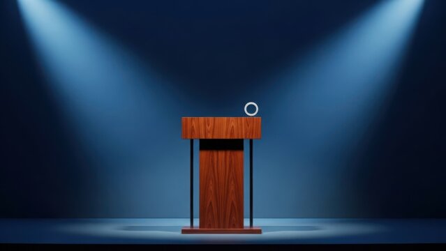 A wooden podium on a stage with dramatic spotlight lighting. Empty lectern for a speech, conference, or political debate against a blue background