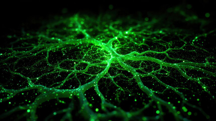 Neural network pattern glowing green neuron abstract biology background organic web digital energy flow science concept image vivid light dark