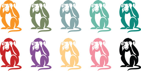 Sitting monkey silhouettes covering eyes colorful set, Playful monkey icons in different colors © jakircreativedesign