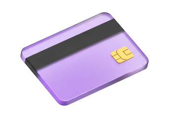 A shiny lavender credit card with a black stripe and gold chip on a Transparent background, isolated, secure payment concept
