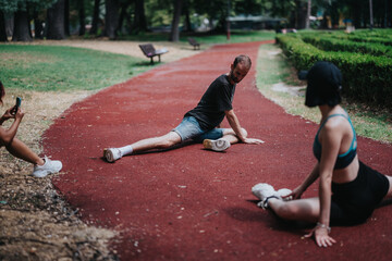 Athlete performs a full side split on a red track in a park; others stretch and video nearby.