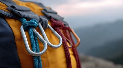 Climbing gear including ropes and carabiners attached to a backpack against a mountain backdrop
