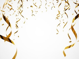 Golden confetti ribbons falling isolated on white background for celebration