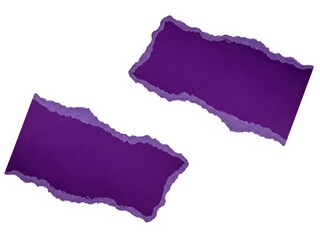 Two pieces of torn purple paper with rough edges isolated on a white background