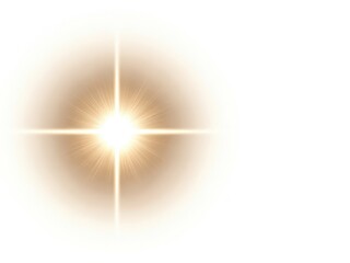 Bright golden starburst lens flare effect with crossshaped light rays isolated on white background