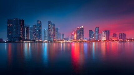 Fototapeta premium Modern City Skyline Reflecting in Water at Night with Vibrant Lights.