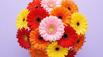 Beautiful spring flower bouquet with peach gerbera, pink tulips and red carnations.