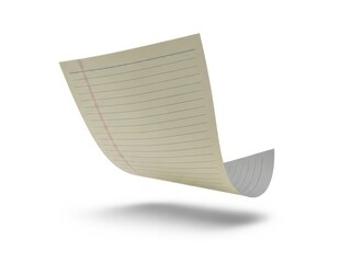 Curved piece of yellow lined notebook paper floating with a shadow isolated on white background