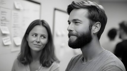 Two professionals a man and a woman engage in a thoughtful discussion in a modern office setting with a whiteboard