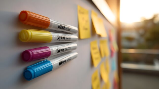 Colorful markers and sticky notes on a whiteboard during golden hour