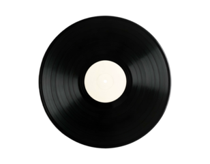 Black vinyl record with plain white label on black background