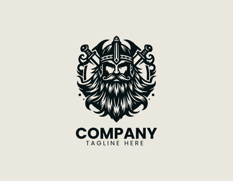 Bearded warrior character is depicted as a strong masculine emblem in a bold black vector logo illustration