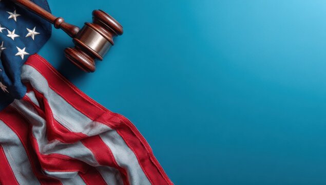 American Justice Emblem: The folds of the American flag frame a gavel, representing the foundation of justice, law and order. A symbolic visual of law in an emblem of justice.