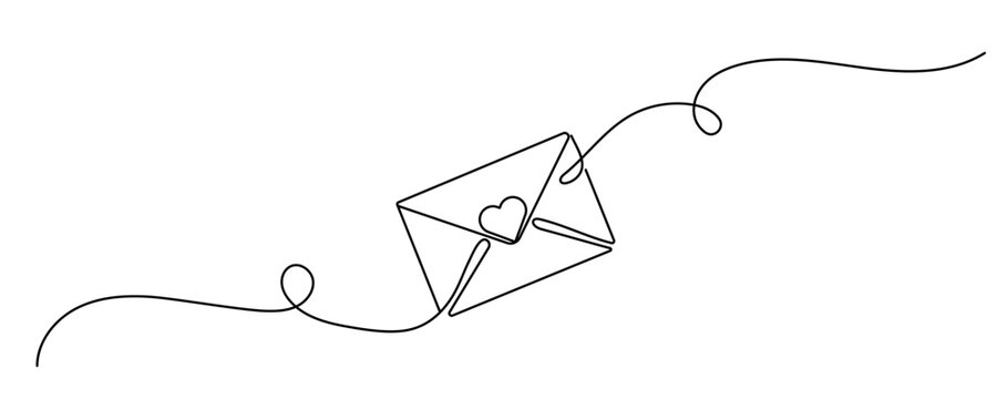 Continuous one line drawing of envelope with heart. Template for love cards and invitations. Love letter. Vector illustration. Editable stroke