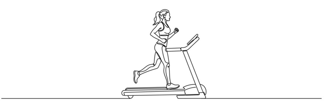Continuous one line drawing of young woman working out speed running on treadmill in fitness gym club center Editable stroke
