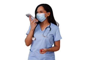 Healthcare worker wearing face mask and scrubs speaking into smartphone, communicating with voice message on transparent background